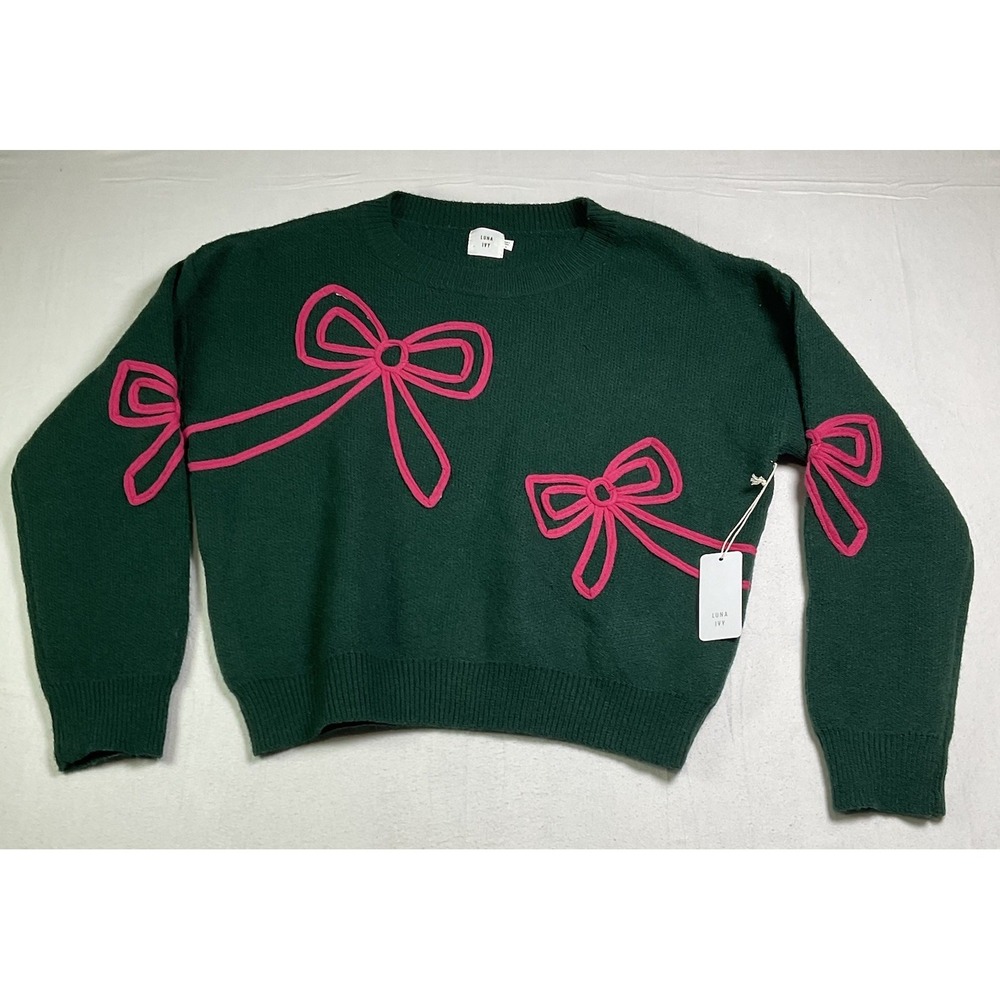 Anthropologie Luna Ivy Green Sweater 3D Pink  Bow Embroidery Size M Party 641